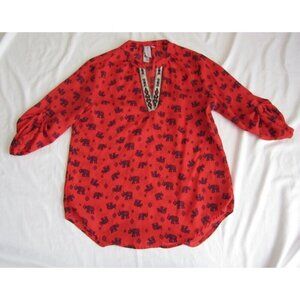 Women Society Girl Roll Tab Sleeve Elphant Long Pullover Blouse Sz M (WB302)